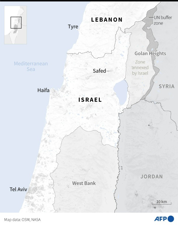 Map showing northern Israel, southern Lebanon and the Golan Height