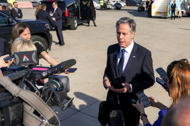 US Secretary of State Antony Blinken speaks to reporters at Israel's Ben Gurion airport before leaving for Saudi capital Riyadh
