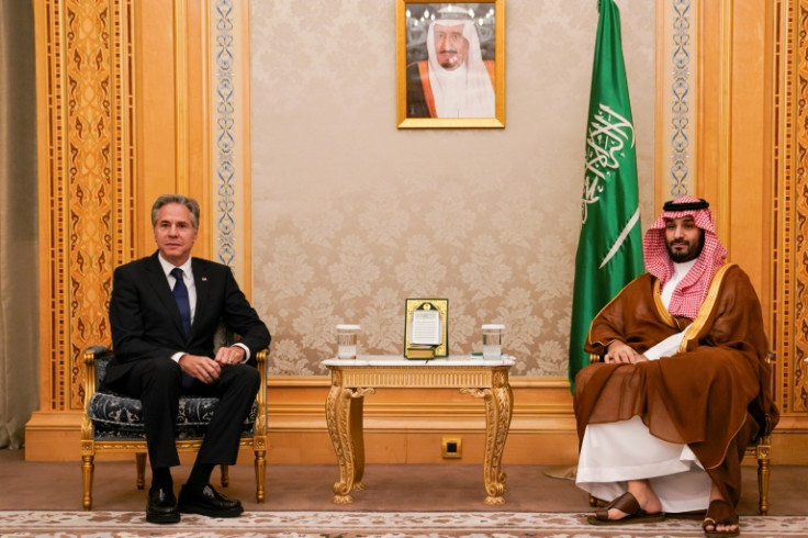 Saudi Arabia's Crown Prince Mohammed bin Salman receives US Secretary of State Antony Blinken in Riyadh on October 23, 2024