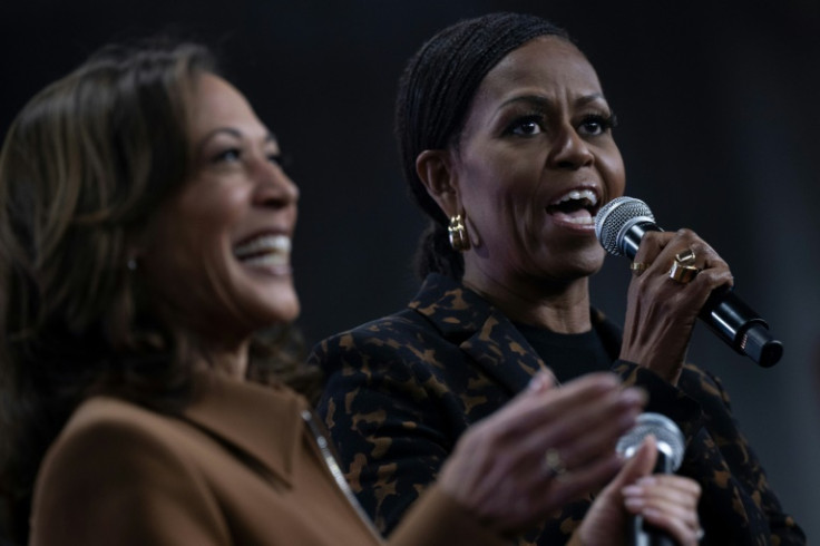 Former first lady Michelle Obama campaigns for Vice President Kamala Harris in Kalamazoo, Michigan on October 26, 2024