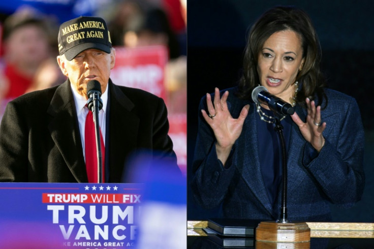 (COMBO) This combination of pictures created on November 03, 2024 shows, L-R, former US President Republican presidential candidate Donald Trump speaking during a campaign rally in Kinston, North Carolina, on November 3, 2024 and US Vice President and Dem