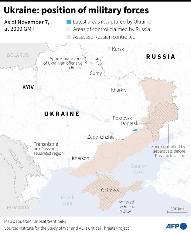 Map of areas controlled by Ukrainian and Russian forces in Ukraine, as of November 7, 2000 GMT