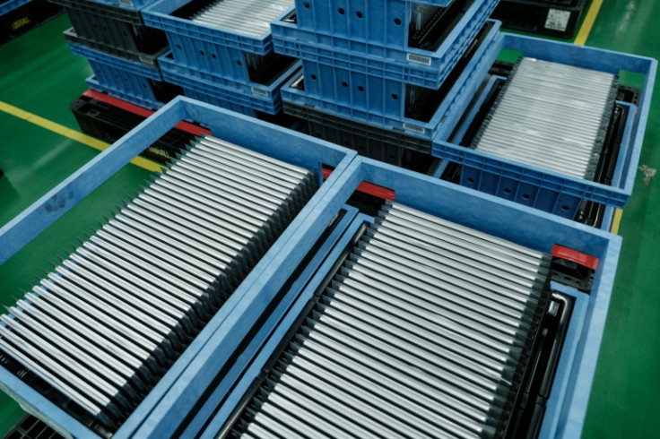 EV battery cells at an Indonesian plant, PT HLI Green Power in Karawang, West Java, seen on August 28, 2024