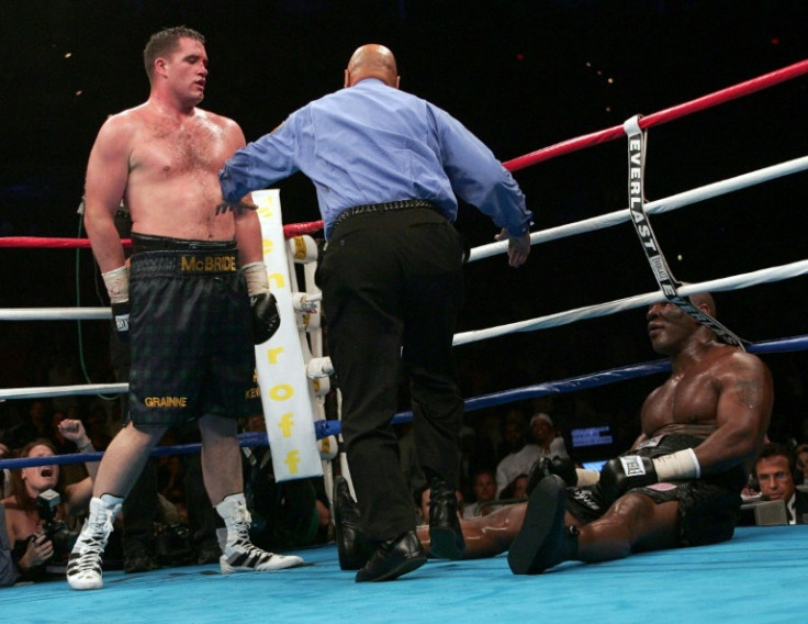 Mike Tyson slumps to the canvas in his last professional fight, a defeat to Ireland's Kevin McBride, in 2005
