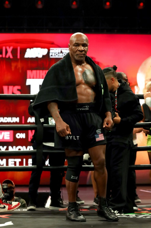 Mike Tyson appears at a public workout in Texas on Tuesday ahead of his return to the boxing ring on Friday