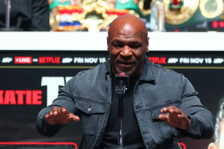 Mike Tyson appears at a press conference on Wednesday ahead of his fight with Jake Paul