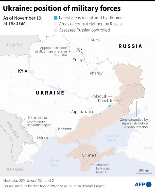 Map of areas controlled by Ukrainian and Russian forces in Ukraine, as of November 19, 1830 GMT