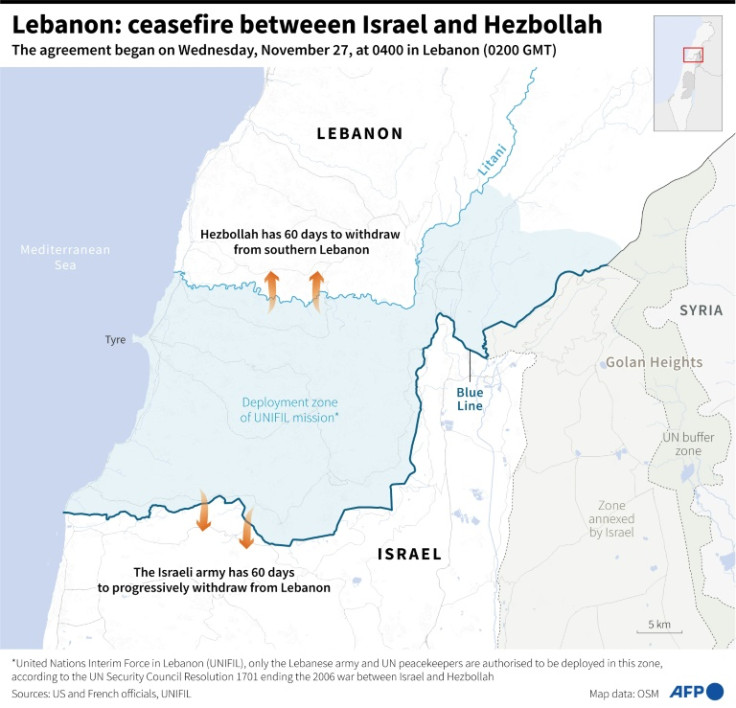 Map of southern Lebanon showing the Blue Line, the Litani river and the deployment zone of the UNIFIL (UN) mission