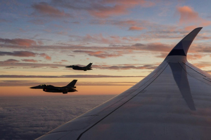 F-16 jets escort the plane of Taiwan's President Lai Ching-te who embarked on a trip to visit Taiwan's allies in the Pacific