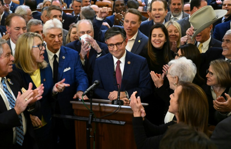 Mike Johnson (C) became Republican speaker of the US House of Representatives after his predecessor was ousted in 2023