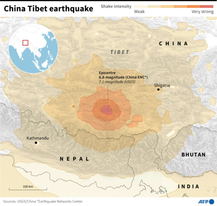 Map showing shake intensity in the region of Tibet and Nepal affected by a 6.8-magnitude earthquake on January 7.