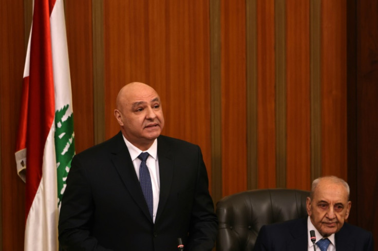 Newly elected Lebanese President Joseph Aoun delivers a speech in parliament