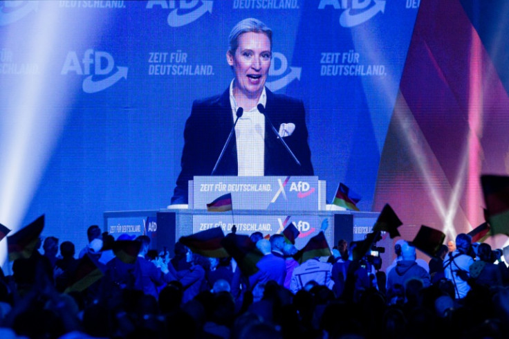 Alice Weidel, co-leader of Germany's far-right Alternative for Germany (AfD) party, addresses an election campaign rally in Halle, eastern Germany on January 25, 2025