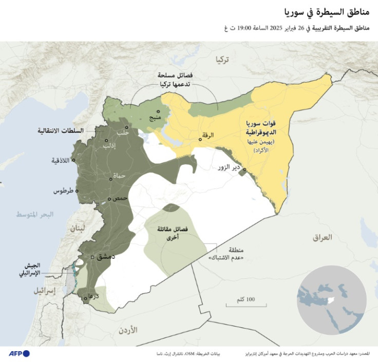 Map showing the zones of control of the different forces in Syria as of February 26, after the fall of Bashar al-Assad, according to latest data from ISW