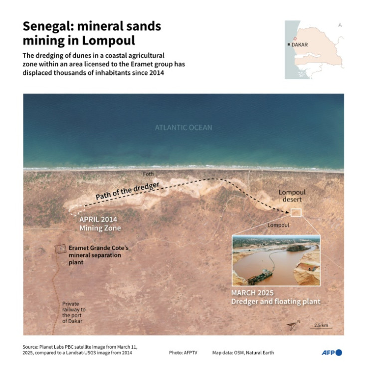 Infographic with a satellite image showing the areas affected by a controversial sand mining operation in a area licensed to the French multinational mining company Eramet, near Lompoul, in the north of Senegal