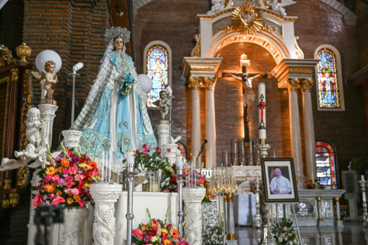 A photo of the late Pope Francis sits inside the cathedral in Imus in the province of Cavite