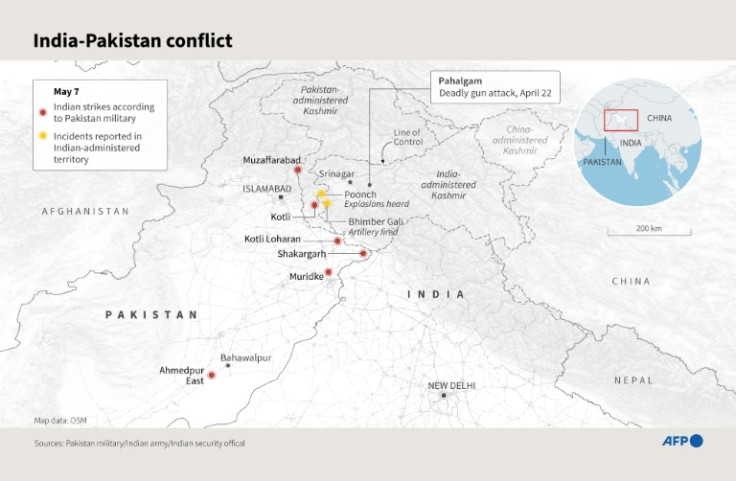 Map showing places hit by strikes in Pakistani-administered Kashmir region on May 7, plus incidents reported in Indian-administered Kashmir