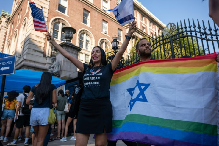 Pro-Israel demonstrators gather for an "Unmask Campus Hate" rally in front of Columbia University on August 27, 2024