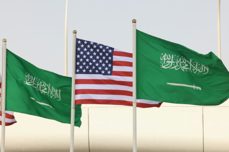 Saudi and US flags line a main road in the Saudi capital Riyadh ahead of President Trump's visit