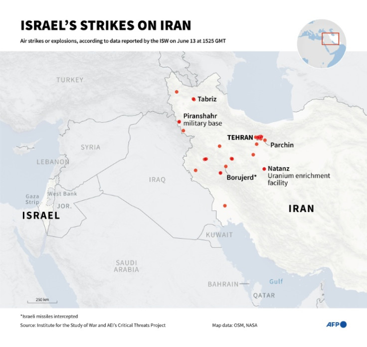 Infographic with a map showing the location of strikes and explosions following the attack carried out on June 13 by Israel in Iran, according to non-exhaustive data reported by the ISW, as of June 13 at 1525 GMT