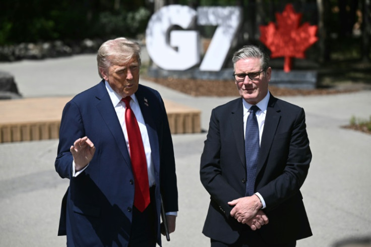 US President Donald Trump and British Prime Minister Keir Starmer speak to reporters after meeting during the Group of Seven summit in Kananaskis, Canada