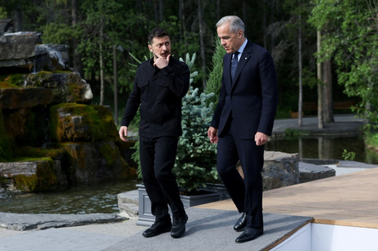 Canadian Prime Minister Mark Carney welcomes Ukrainian President Volodymyr Zelensky during the Group of Seven summit in Kananaskis, Alberta