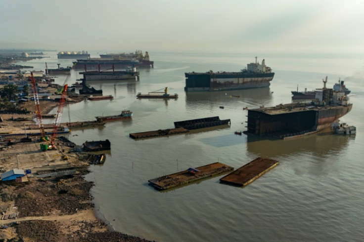 This aerial photograph taken on February 18, 2025 shows a general view of a shipbreaking yard at the PHP Ship Breaking and Recycling facility in Bangladesh's southern port city of Chittagong.