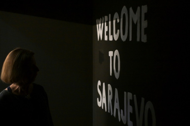A 'Welcome to Sarajevo" sign in the new exhibition, 'Labyrinth of the Nineties', in Belgrade