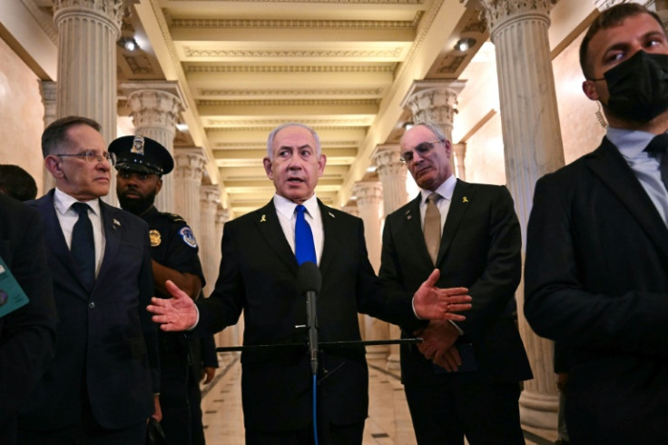 Israeli Prime Minister Benjamin Netanyahu speaks to the press in Washington