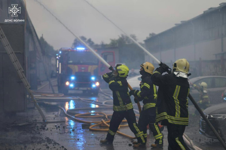 Firefighters in Lutsk in western Ukraine battled blazes after Moscow's largest drone and missile attack on the country