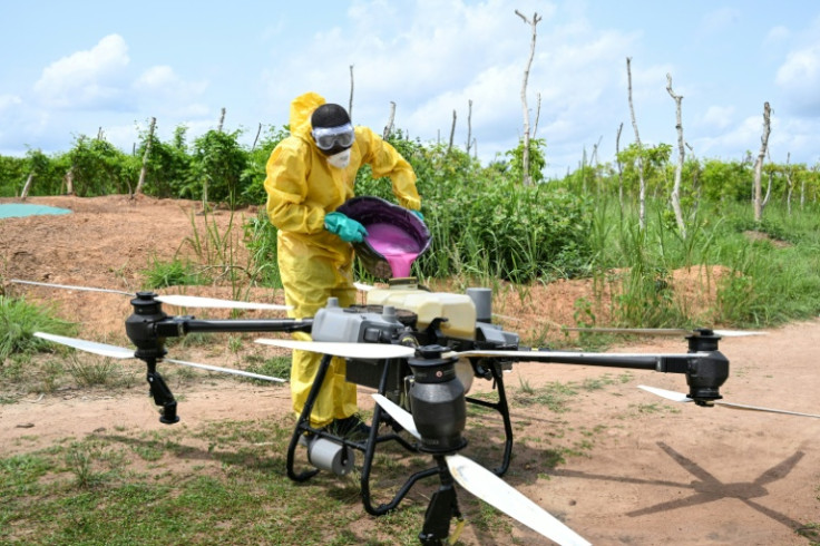 A technician prepares a drone that will spray fungicides on passion fruit fields in Ivory Coast
