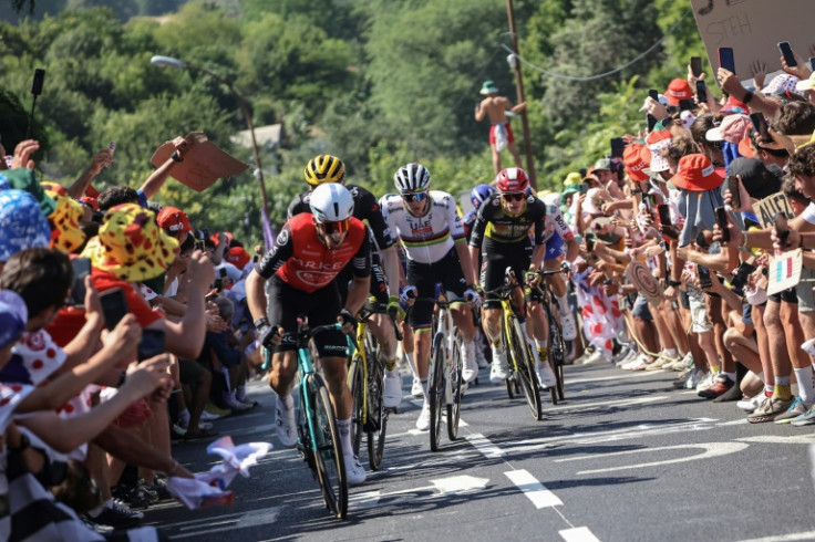 (From L) French rider Kevin Vauquelin, American Matteo Jorgenson, Slovenian Tadej Pogacar and Dane Jonas Vingegaard climb the Cote de Pech David on Stage 11 of the Tour de France in southwestern France