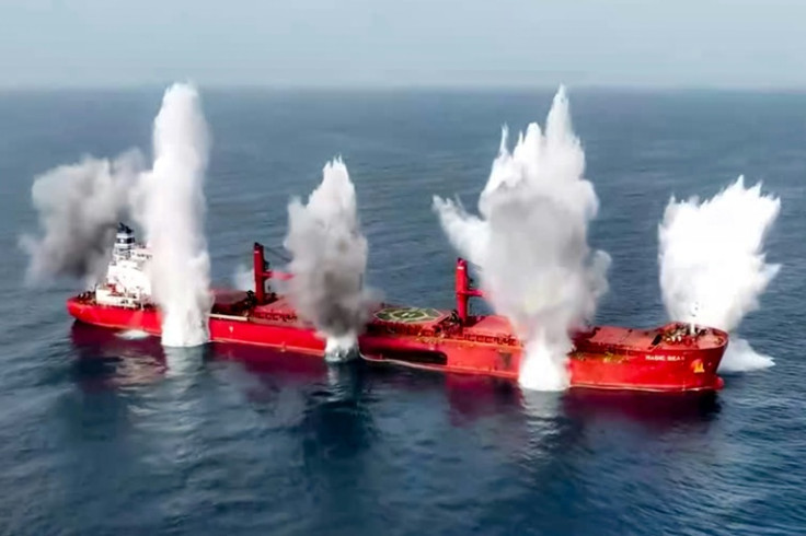 Smoke plumes rising from reported explosions on the Magic Seas cargo ship, attacked by Huthi rebels in the Red Sea