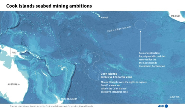 Infographic map showing the Cook Islands' exclusive economic zone, plus areas of exploration for polymetallic nodules reserved for the the Cook Islands Investment Corporation in the Clarion-Clipperton Zone in the Pacific Ocean.