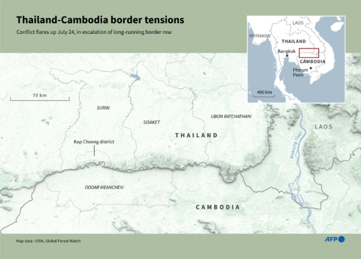 Map showing the area on the Thailand-Cambodia border where violence has flared on July 24