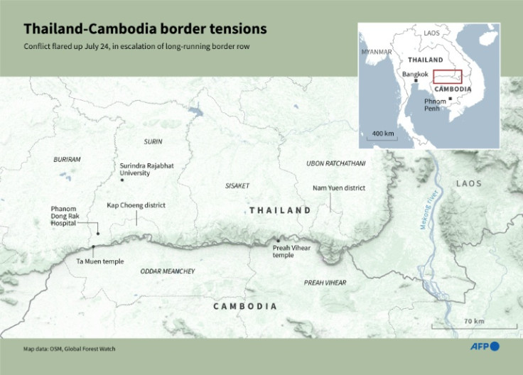 Map showing the area on the Thailand-Cambodia border where violence flared on July 24