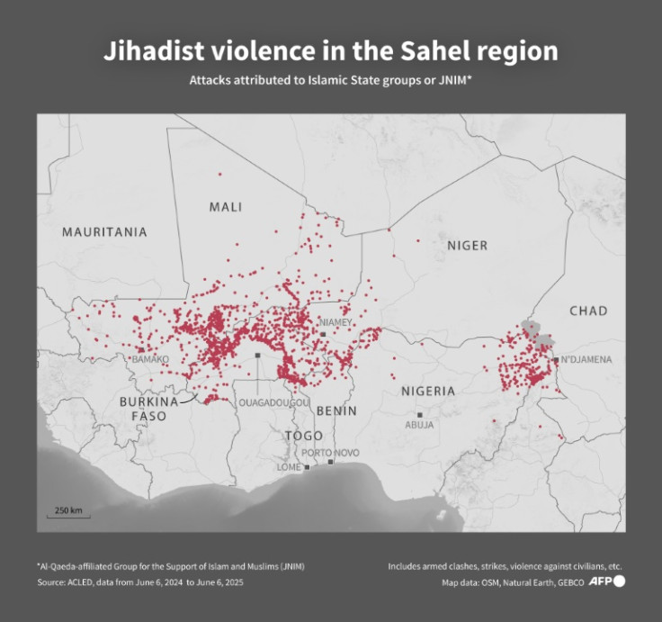 Infographic with map of Western and Central Africa showing instances of political violence by Islamic State groups and Al-Qaeda-affiliated Group for the Support of Islam and Muslims (JNIM), according to ACLED data for one year up to June 6, 2025