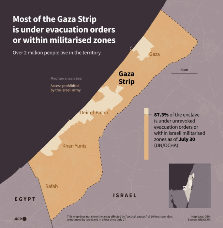 Infographic with a map of the Gaza Strip showing the parts of the territory under unrevoked evacuation orders or within Israeli militarised zones as of July 30, 2025, according to UN/OCHA