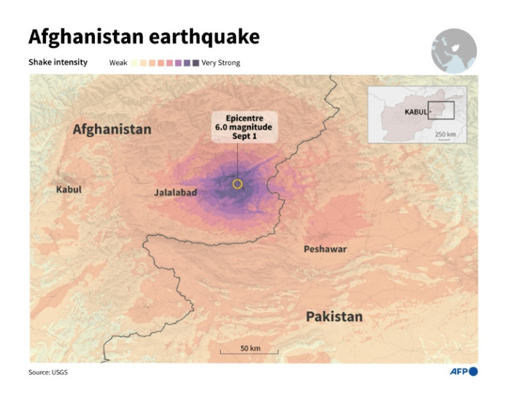 Infographic with a shake intensity map of a 6.0 magnitude earthquake which struck near city of Jalalabad, in eastern Afghanistan on Monday, September 1