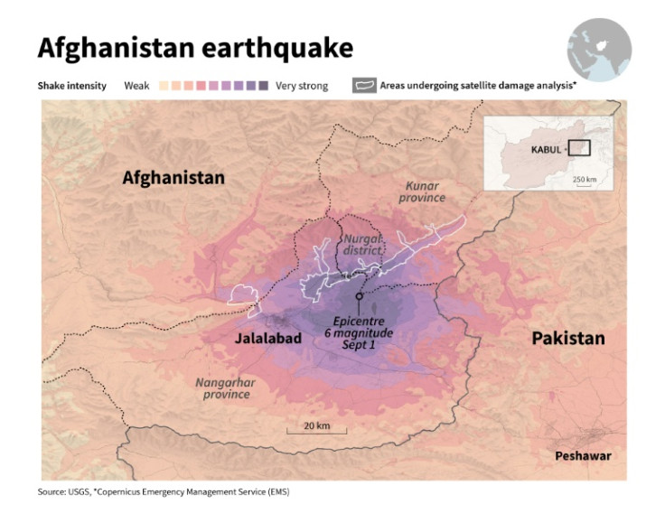 Infographic with a shake intensity map of a 6.0 magnitude earthquake which struck near the city of Jalalabad, in eastern Afghanistan, September 1, with areas undergoing satellite damage analysis