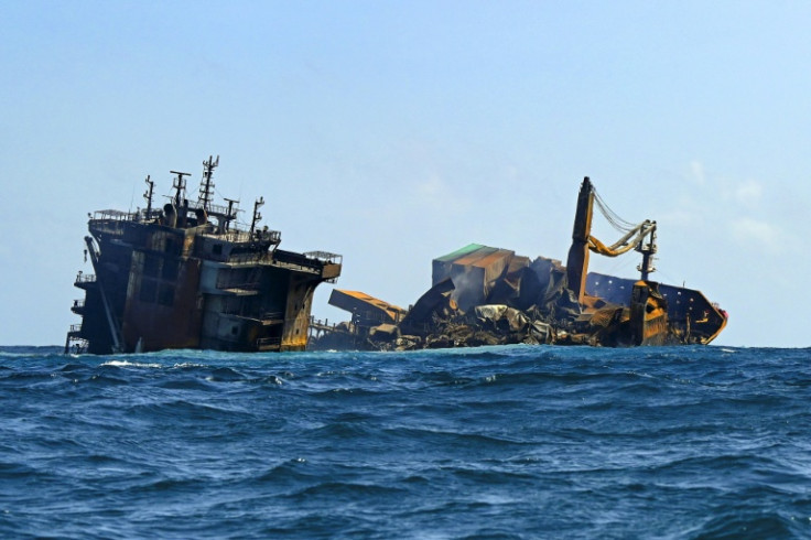 The Singapore-registered container ship MV X-Press Pearl carrying hundreds of containers of chemicals and plastics, as its towed away from the coast of Colombo in June 2021