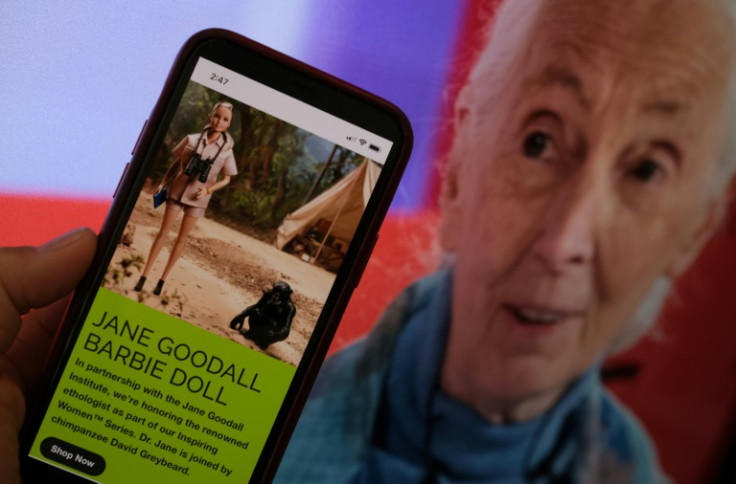 American toy manufacturer Mattel's Barbie dolls modeled on primatologist Jane Goodall and her research specimen, a chimpanzee named David Greybeard