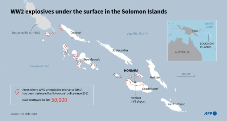 Infographic map showing areas in the Solomon Islands where unexploded ordnance has been destroyed by police since 2011