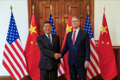 Chinese Vice Premiere He Lifeng (L) and US Treasury Secretary Scott Bessent and at their last meeting, in Madrid on September 14