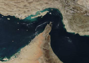 A satellite image of the Strait of Hormuz