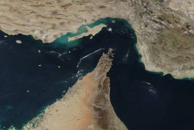 A satellite image of the Strait of Hormuz