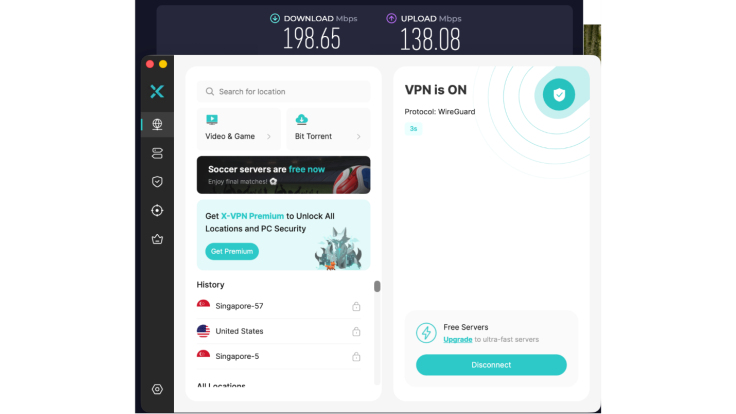 X-VPN Free speed over WireGuard: 198.65 Mbps download and 138.03