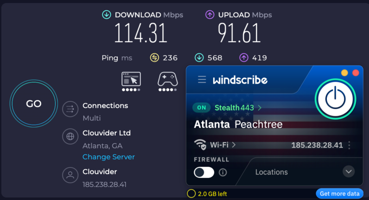 Windscribe Free speed over Stealth mode: 114.31 Mbps download and