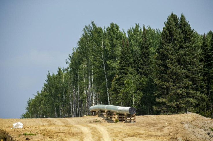 Sections of the Enbridge Line 3 pipeline are seen on the construction site near La Salle Lake State Park in Solway, Minnesota on August 7, 2021