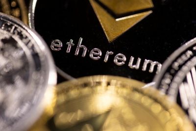 Illustration shows representation of Ethereum with its native cryptocurrency ether